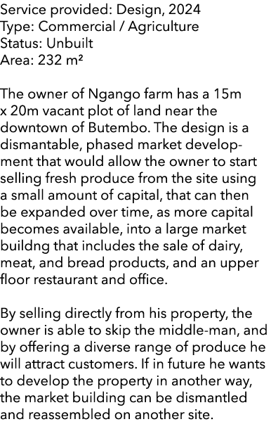 Service provided: Design, 2024 Type: Commercial / Agriculture Status: Unbuilt Area: 232 m² The owner of Ngango farm h...