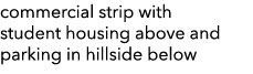 commercial strip with student housing above and parking in hillside below