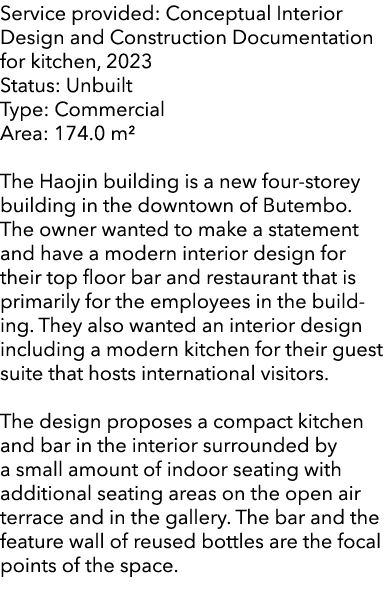 Service provided: Conceptual Interior Design and Construction Documentation for kitchen, 2023 Status: Unbuilt Type: C...